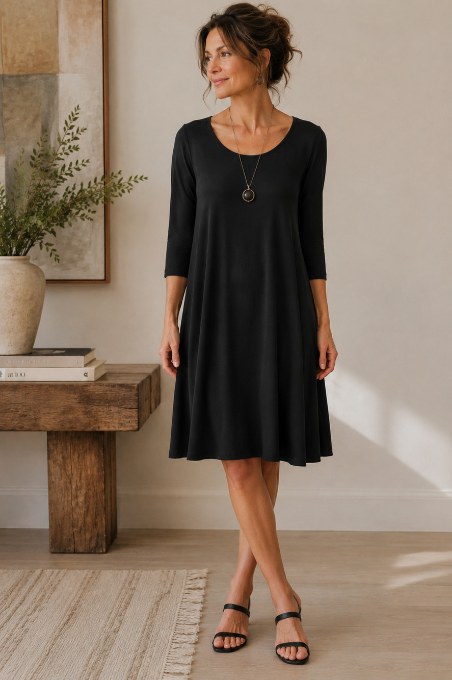 Eileen Fisher Women's S Black 100% Silk A Line Dress 3/4 Sleeve Minimalist